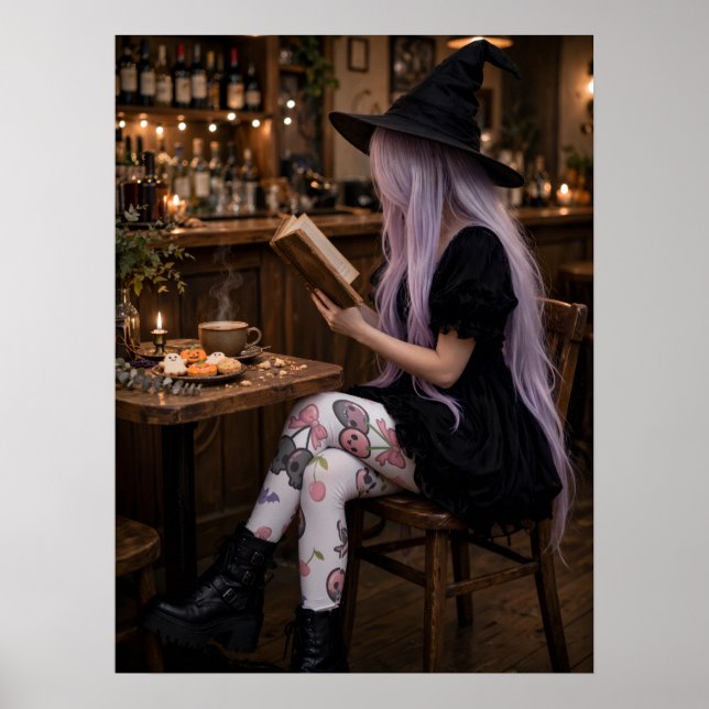 Affiche de sorcière d'Halloween mignonne lisant un (Devant)