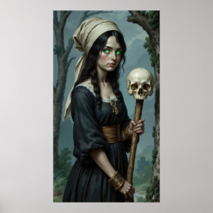 Affiche de sorcière gothique aux yeux verts et crâ