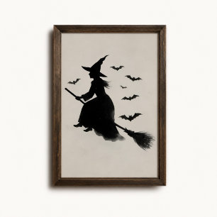 Affiche de sorcière volante Halloween balai chauve