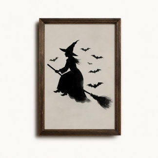 Affiche de sorcière volante Halloween balai chauve