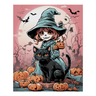 Affiche de sorcière zombie Halloween avec chat noi