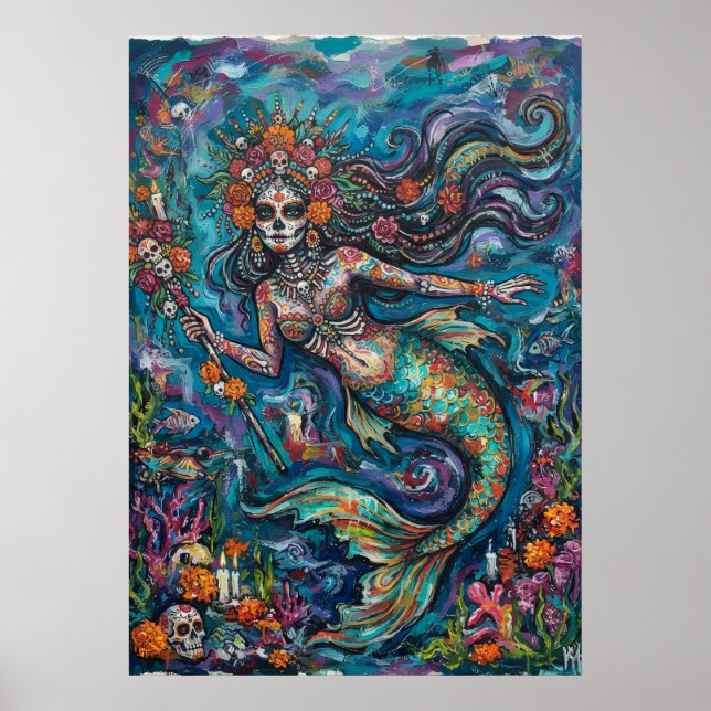 Affiche de squelette de sirène jour des morts (Devant)