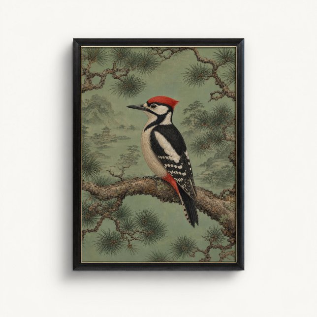 Affiche de style chinois Pivert Pin sylvestre (Forest Woodpecker Wall Art Poster - close-up view (frame/decor not included))