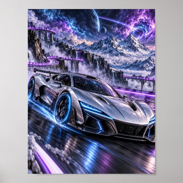 Affiche de supercar cosmique argentée (Devant)