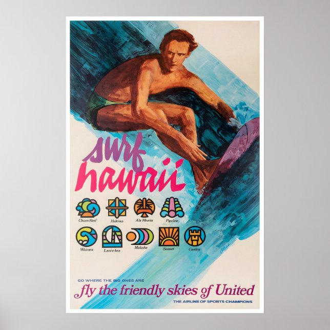 Affiche de surf à Hawaï United Airlines Art Grande (Devant)