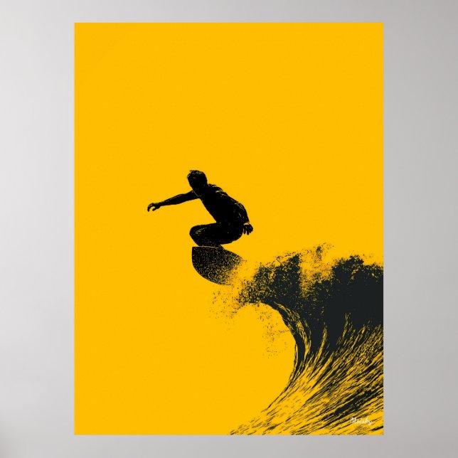 Affiche de surfeur – Silhouette noire sur vague ja (Devant)
