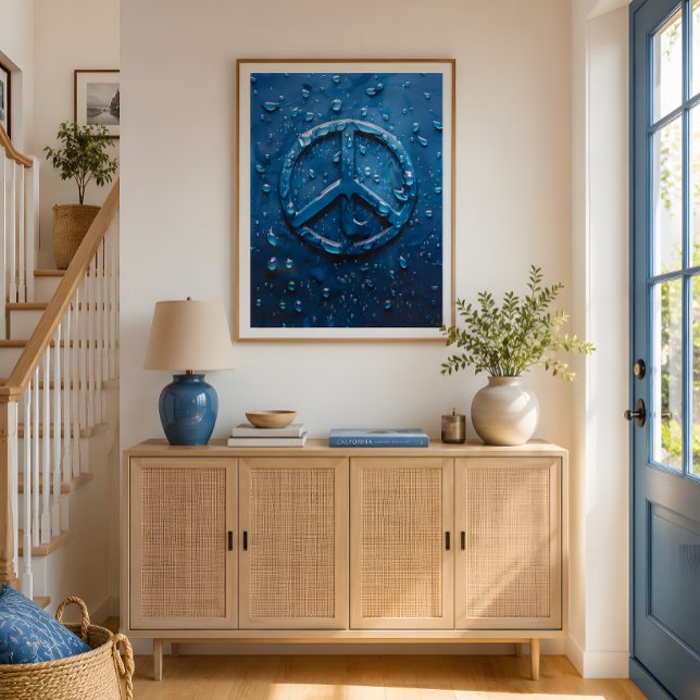 Affiche de symbole de paix en gouttelette d'eau bl (Transform your space with this striking blue peace poster in timeless modern style.)