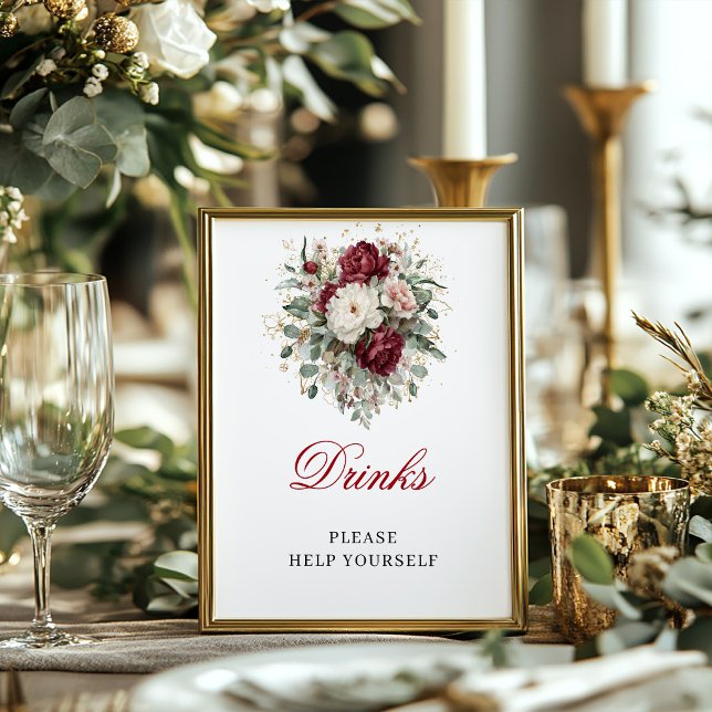 Affiche de table de boissons Burgundy Blush Glam (Glam Blush Burgundy Drinks Tabletop Poster Sign)