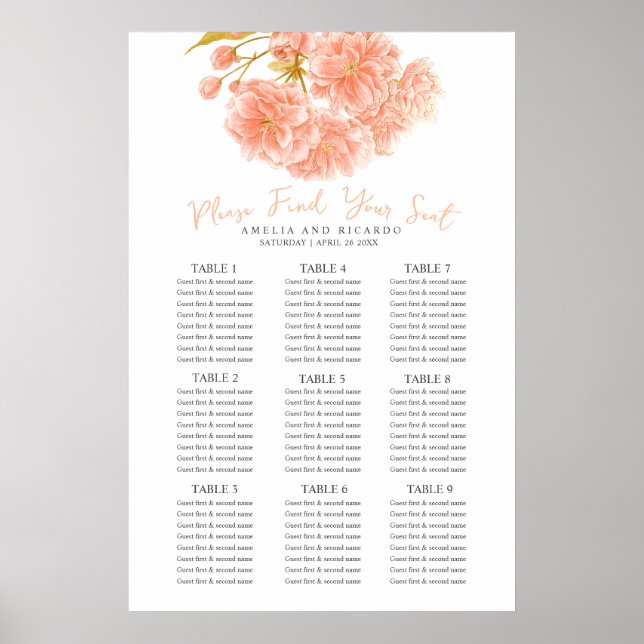 Affiche de tableau de mariage à fleurs printanière (Devant)