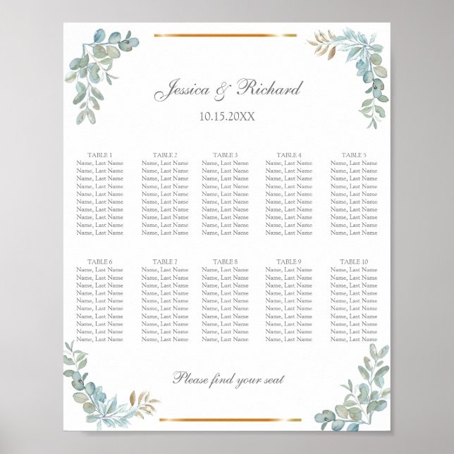 Affiche de tableau de sièges de 10 tables à aquare (Devant)