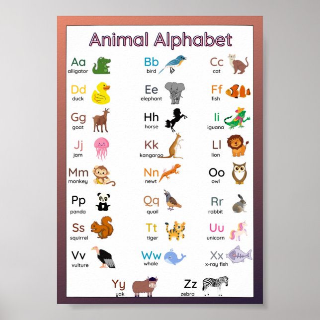 Affiche de tableau mural alphabet animal pour enfa (Devant)