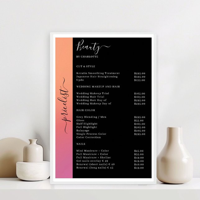 Affiche de tarification de salon Ombre, Rose, Oran (Ombre, Pink, Orange & Black Pricelist Salon Poster)