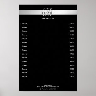 Affiche de Tarifs Élégant Monogramme Noir Argent