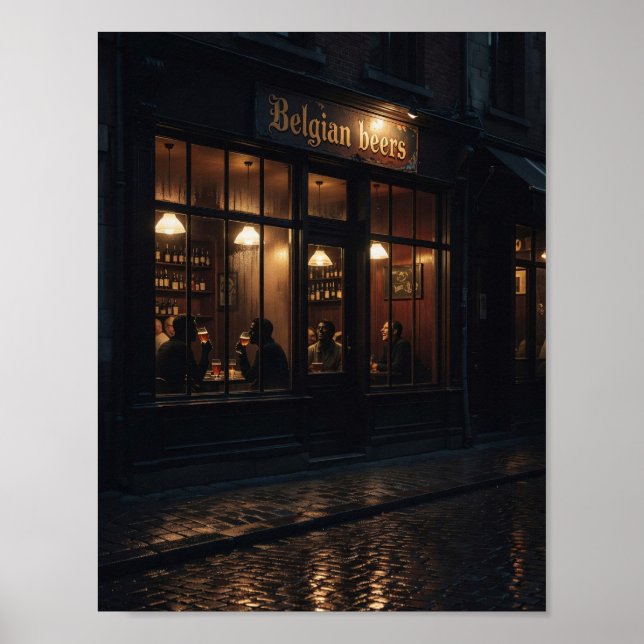 Affiche de taverne belge cosy par nuit pluvieuse (Devant)