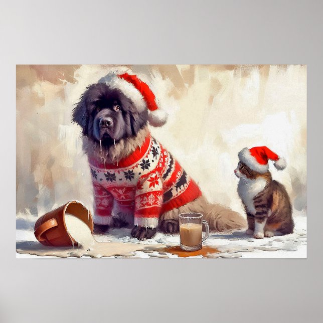 Affiche de Terre-Neuve avec chat et eggnog renvers (Devant)