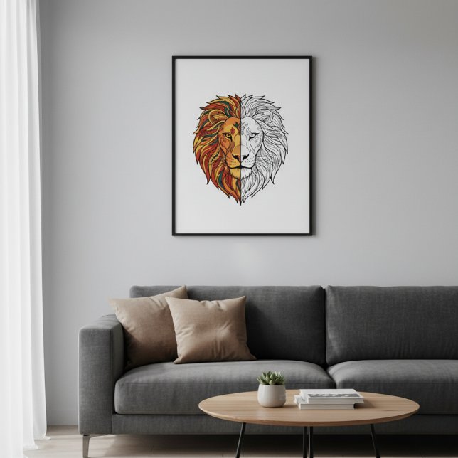 Affiche de tête de lion moderne moitié couleur moi (Créateur téléchargé)