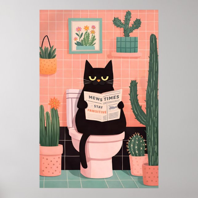 Affiche de toilette chat noir, mur de salle de bai (Devant)