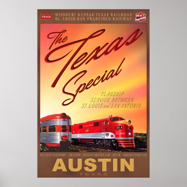 Affiche de train rétro spéciale Austin Texas MKT K (Devant)