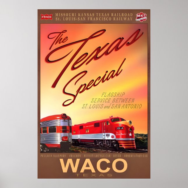 Affiche de train rétro spéciale Waco Texas MKT Kat (Devant)