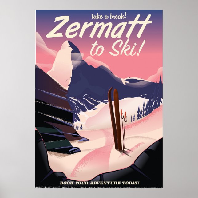 Affiche de vacances rétro Ski Zermatt (Devant)
