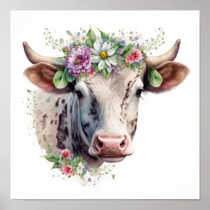 Affiche de vache à fleurs d'aquarelle