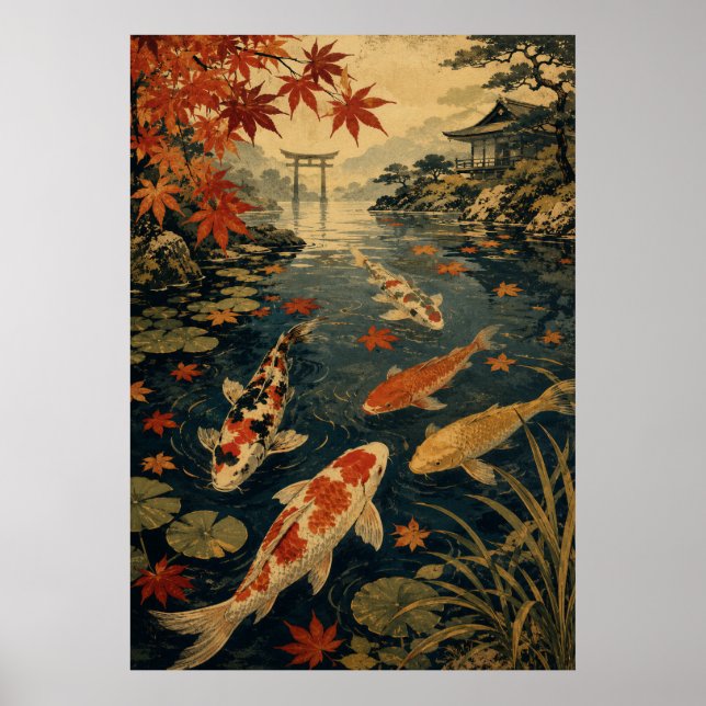 Affiche de vague de carpe koï japonaise | Soleil r (Devant)