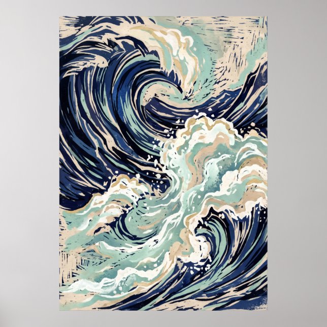 Affiche de vague japonaise bleue (Devant)