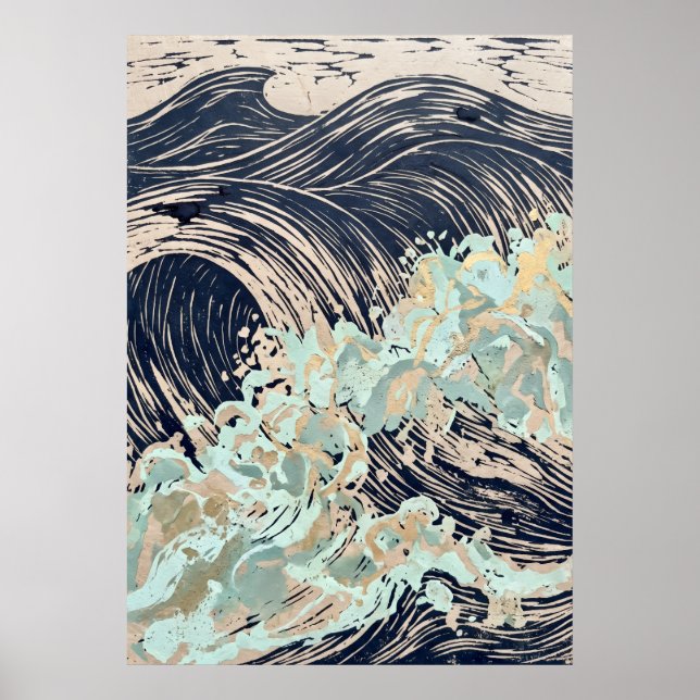 Affiche de vague océanique à la crème de marine (Devant)