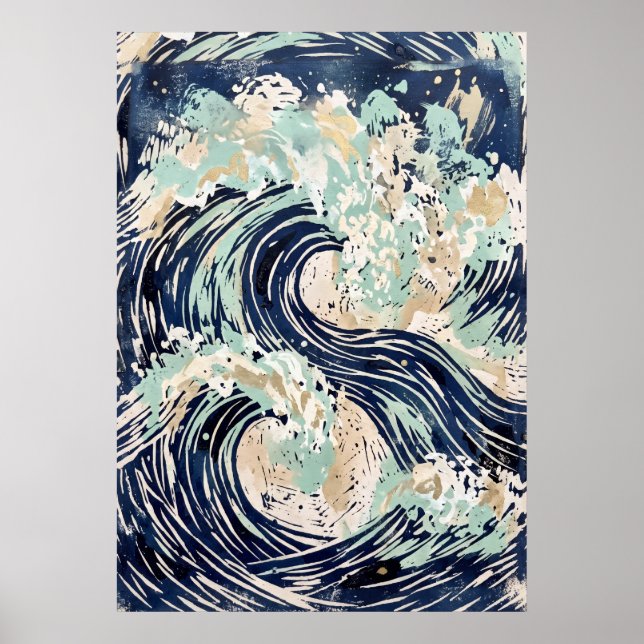 Affiche de vague océanique bleu marine (Devant)