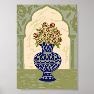 Affiche de vase géométrique marocain bleu avec ros