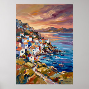 Affiche de village côtier d'île grecque