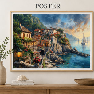 Affiche de village méditerranéen au bord de la mer