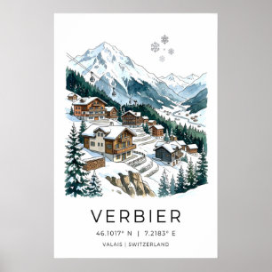 Affiche de village skiable suisse, chalets enneigé