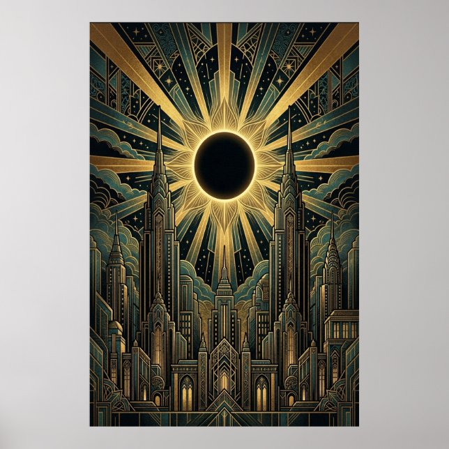 Affiche de ville au soleil noir Art déco | Doré sa (Devant)