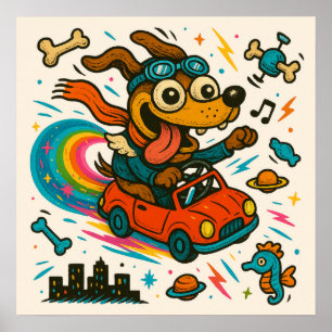 Affiche de voiture de conduite de chien spatial