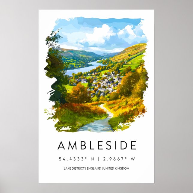 Affiche de voyage à l'aquarelle Ambleside Vintage  (Devant)