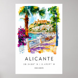 Affiche de voyage à l'aquarelle d'Alicante Vintage