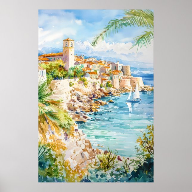 Affiche de voyage à l'aquarelle d'Antibes vintage  (Devant)