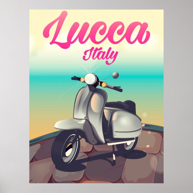 Affiche de voyage à Lucca Italie en scooter. (Devant)