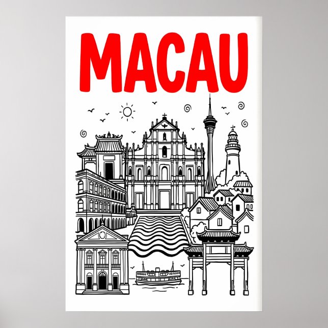 Affiche de voyage à Macao, Skyline rouge gras, Mon (Devant)