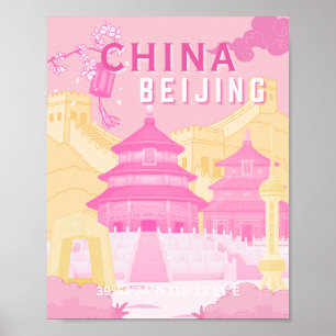 Affiche de voyage à Pékin Chine Art rose et jaun