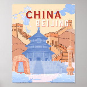 Affiche de voyage à Pékin Chine Pastel Bleu & Pê