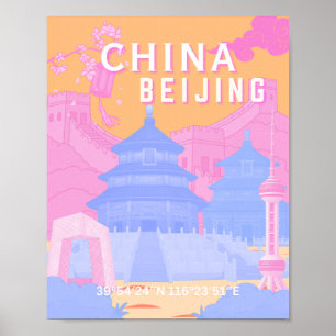 Affiche de voyage à Pékin Chine Pastel rose et b