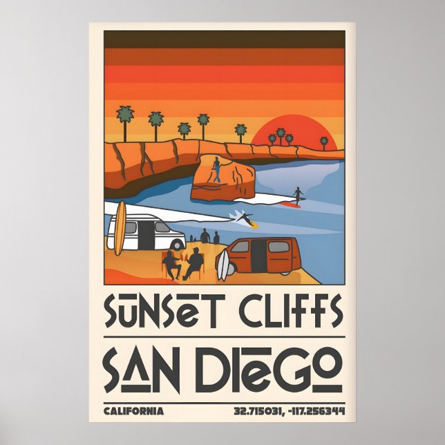 Affiche de voyage à San Diego Scène rétro de Sunse (Devant)