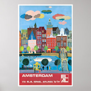 Affiche de voyage Amsterdam Pays-Bas Art Elal
