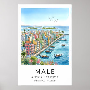 Affiche de voyage aux Maldives, paysage urbain ill
