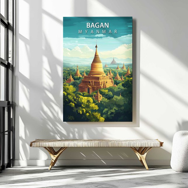 Affiche de voyage Bagan Myanmar sur toile (Bagan Myanmar Travel Poster Canvas Wall Art by TinkPrints.)