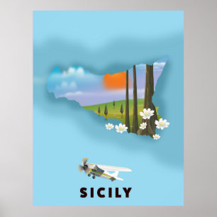 Affiche de voyage carte illustrée de Sicile