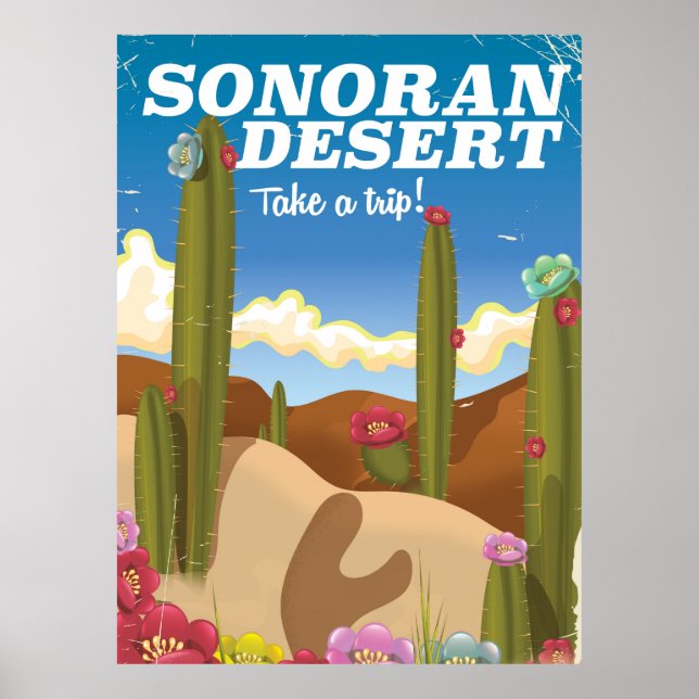 Affiche de voyage de dessin animé de cactus du dés (Devant)