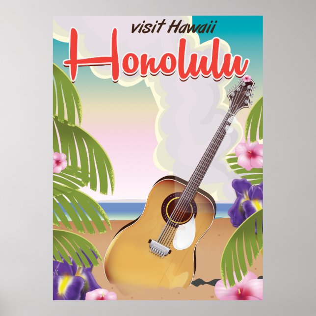 Affiche de voyage de guitare acoustique Honolulu. (Devant)